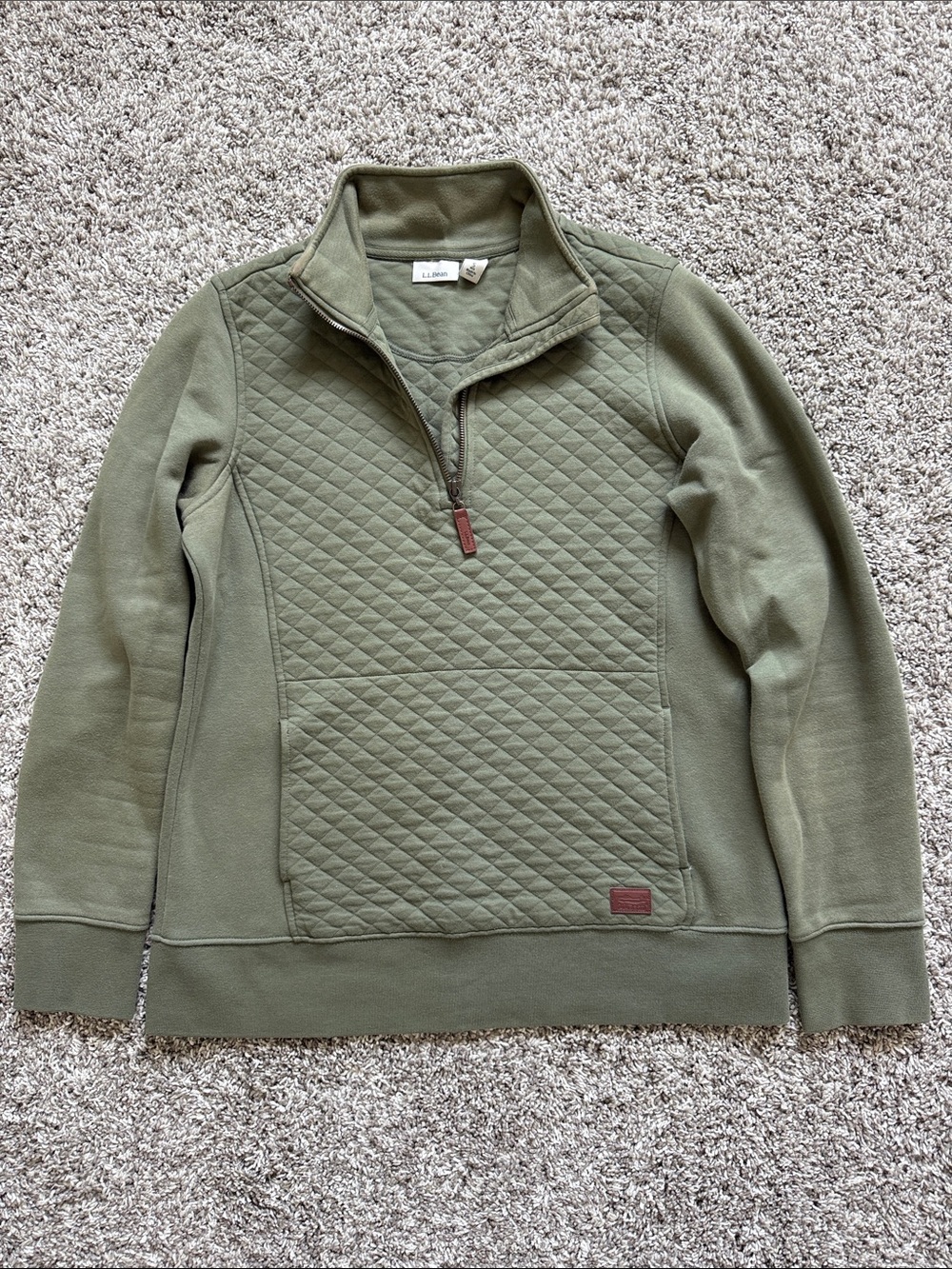 LL Bean women’s Olive quilted quarter-zip pullover sweater size S